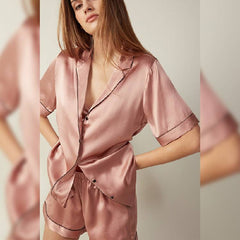 HiLoc بدلة نوم بنية 2021 بدلة منزلية للنساء أطقم بيجامات ياقة مقلوبة طقم نسائي 3 قطع بيجامات بأكمام قصيرة مع حمالة صدر