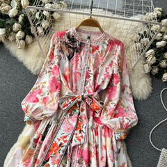 Spring and summer retro romantic thin flower printed bubble sleeve chiffon dress