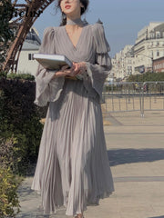2023 spring elegant V-neck midi dress office lady long-sleeved casual dress Korean French retro chiffon dress lady 6*12