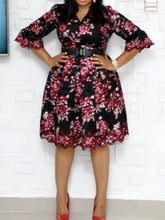 European and American hot-selling lace flowers V-neck waist A-line dress African temperament commuter dress with belt