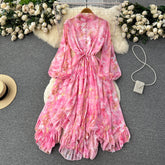 Hot sale Temperament super big pendulum fungus side stand collar chiffon print mid-length vacation seaside dress tie-up women