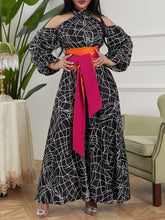 Black and white texture elegant waist two-color mosaic belt dress