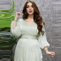 Summer new Middle Eastern Arab women's clothing modest fashion Muslim bright silk satin solid color dress with folds design puff sleeve rob