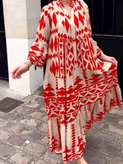 Printed Long Shirt Dress Women Retro Button Top Dress Women Fashion V Neck Long Sleeve Dress Ladies Oversized Loose Dress