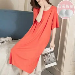 Pajamas with chest pads, women's summer short-sleeved thin color pajamas, long over-the-knee home wear, no underwear