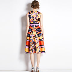 فستان ريترو بخصر تنحيف بدون أكمام مطبوع متوسط الطول