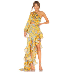 European and American fashion sexy slim bag hip skirt slanted shoulder floral irregular ruffle dress