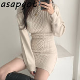 Korean Ins Autumn Winter Temperament Round Neck Sweater Dress Bodycon Open Back Slim Wrap Hip Knitted Dress Women Chic Thick
