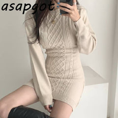 Korean Ins Autumn Winter Temperament Round Neck Sweater Dress Bodycon Open Back Slim Wrap Hip Knitted Dress Women Chic Thick