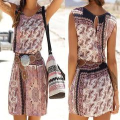 فساتين الشاطئ الصيفية النسائية الكاجوال بوهو A Line فستان قصير بدون أكمام مطبوع أنيق بخصر مطاطي فستان قصير نحيف فضفاض