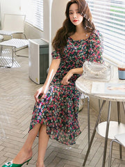 Korean Elegant Women's Dress Temperament Casual Flowers Sexy Square Neck Slim Midi Party Beach Robe Woman Woman Vest