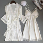 Women Kimono Bathrobe WHITE Bride Bridesmaid Wedding Robe Set Ladies Lace Trim Sleepwear Casual Home Clothes Nightwear