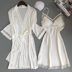 Women Kimono Bathrobe WHITE Bride Bridesmaid Wedding Robe Set Ladies Lace Trim Sleepwear Casual Home Clothes Nightwear