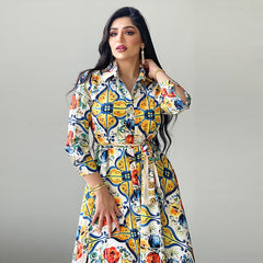 Ethnic Print Maxi Dress for Women 2022 Lapel Single-breasted Dubai Floral Abaya Arabic Oman Middle East Muslim Clothes