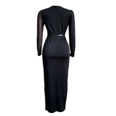 See Through Long Sleeve Tulle Ruffle Slit Long Maxi Dresse 2022 Summer Evening Party Dress Women Irregular Slim Bodycon Dress