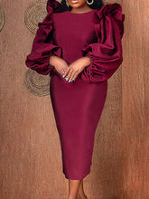 Women Bodycon Dress Long Lantern Sleeve Ruffles Patchwork O Neck Midi Birthday Wedding Party Outfits Large Size New Female Gowns