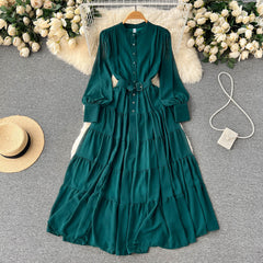 French elegant and simple solid color V-neck single-breasted chiffon dress