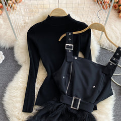 Autumn black stand-up collar tight bottoming shirt two-piece suit waisted splicing fringe suspender dress