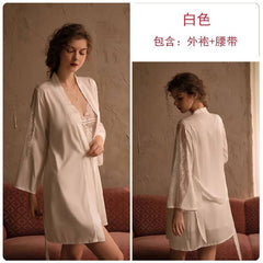Rose spring and summer female Europe and the United States new pajamas satin long-sleeved tape nightgown bathrobe home clothing 780