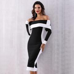 Sexy Off Shoulder Slash Neck Bodycon Dress Patchwork Black White Runway Evening Party Dress Women Elegant Nightclub Pencil Dress