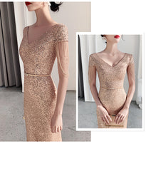 Hot selling new evening dress women 2021 new champagne golden annual meeting banquet aura queen temperament fishtail dress sexy