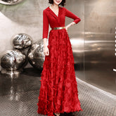 Ladies V Neck Three Quarter Sleeves Long Fashion Banquet Evening Dress