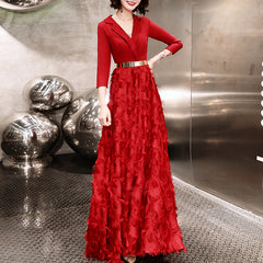 Ladies V Neck Three Quarter Sleeves Long Fashion Banquet Evening Dress