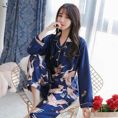 Oversize M 5XL Womens Long Sleeve Trousers Pyjamas Silk Satin Pajamas Sets Sleepwear Nightgown Suit Robe Bath Gown Sleepshirts