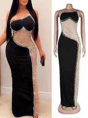 ساطع الحفر الساخن الديكور مثير كتف واحد بلا أكمام الخصر النحيف شبكة انظر من خلال الورك فستان طويل فستان الموضة الأوروبية والأمريكية مزاجه أنيق