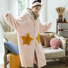 Women's Fleece Hooded Bathrobe Women's Robe Light Cotton Soft Fluffy Warm Sherpa Robe Kimono Bride