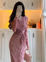 2023 women's Korean style fashion long-sleeved flower print dress women's slim elegant party dress V-neck long strappy vest