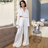 White Nightgown Turn Down Collar Pyjama Flare Trouser Suits For Wedding Crop Top Pajama Set Woman 2 Pieces Homewear