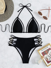 Black Sexy Lace Up Spot Split Swimsuit