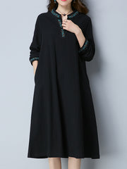 Ladies ethnic style large size retro long-sleeved cotton and linen literary dress linen mid-length dress robe girl