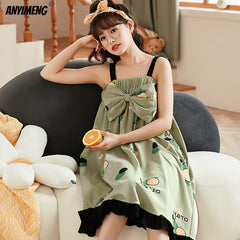 Fashion Chic Women Spaghetti Strap Cotton Nightgowns M-3XL Summer Camisoles Nightdress for Girls Kawaii Bow Decor Cute Dressing
