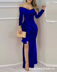 European and American women's clothing 2021 new velvet one-shoulder long-sleeve slit dress