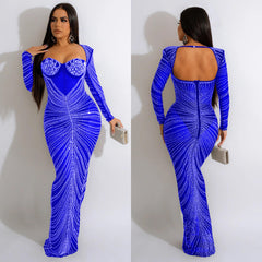 European and American fashion women's hot diamond mesh see-through long-sleeved dress