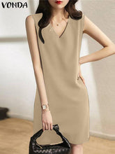 VONDA Elegant Dresses For Women 2022 Solid Color V Neck Sleeveless Loose A-Line Vestidos Bohemian Party Casual Summer Plus Size Short Dresses