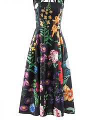 2023 autumn new European and American temperament elegant style printed sling long skirt square collar beaded strap big dress 4s14