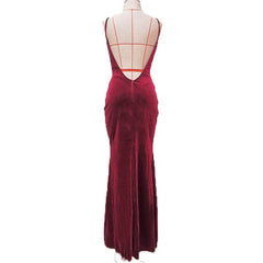 European and American women's solid color temperament sexy commuter wine red retro stitching split fishtail dress