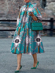 VONDA Bohemian Printed Summer Dress Women Stand Collar Lace Up Lantern Sleeve Vintage Sundress Elegant Pleated Midi Robe