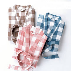 Summer Autumn New 100% Cotton Robes Double deck Gauze Plaid Kimono Nightgown Big Size Home Bathrobe Dressing Gown Robes