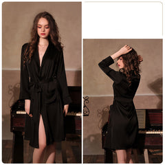 Autumn and winter new European and American pajamas women's deep v simulation silk nightgown bathrobe home service