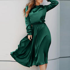 ZANZEA ladies European and American style party style satin gloss elegant knee-length skirt temperament solid color round neck bubble long sleeve waist slimming mid-length skirt fashion trend loose spring and autumn daily leisure holiday dress large size