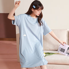 Nightdress women's summer cotton short-sleeved cardigan front button mid-length over-the-knee dress sweet and cute pajamas