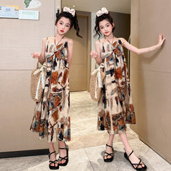 تنورة بحمالات من الشيفون والساتان للفتيات باللون الزيتي 2023 تنورة شاطئ جديدة لصيف 2023 تنورة للأولاد الكبار