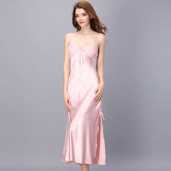 Slip On Sexy Pajamas Women Long Satin Nightgown Lace Stitching Adjustable Straps Sexy Pajamas Homewear