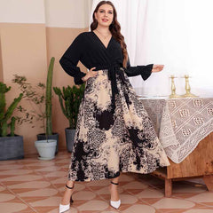 Temperament long skirt pullover elastic waist tie chiffon print sexy V-neck dress for women