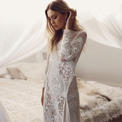 European and American new women's dresses long-sleeved lace sexy open-back mopping wedding dresses long skirts