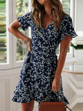 صيف 2022 فساتين حريمي مثير الخامس الرقبة مطبوعة بوهو فستان الشاطئ كشكش كم قصير ألف خط فستان قصير تانك رداء علوي